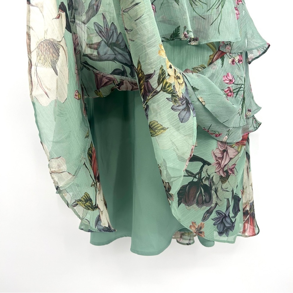 BEBE Size 6 Light Green Fully Lined Tiered Ruffled Floral Dress EUC - Picture 3 of 11